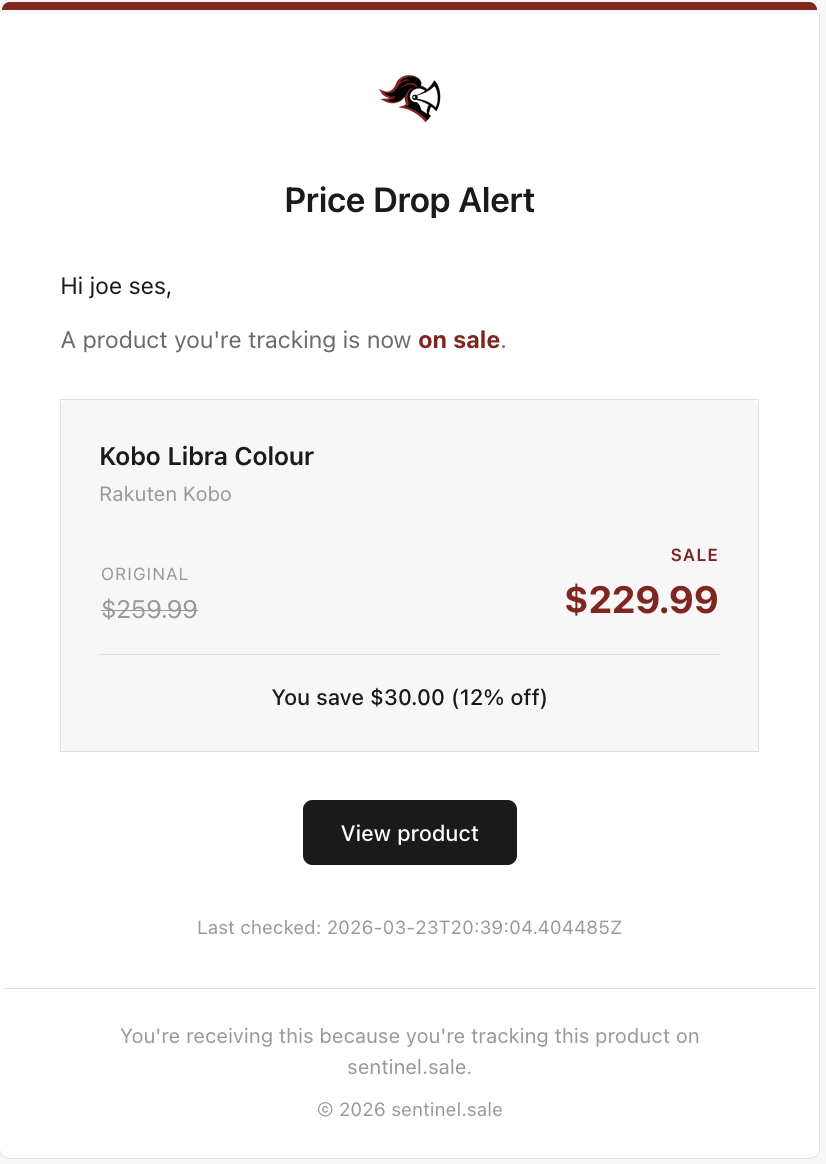 sentinel.sale email notification showing a price drop alert with savings