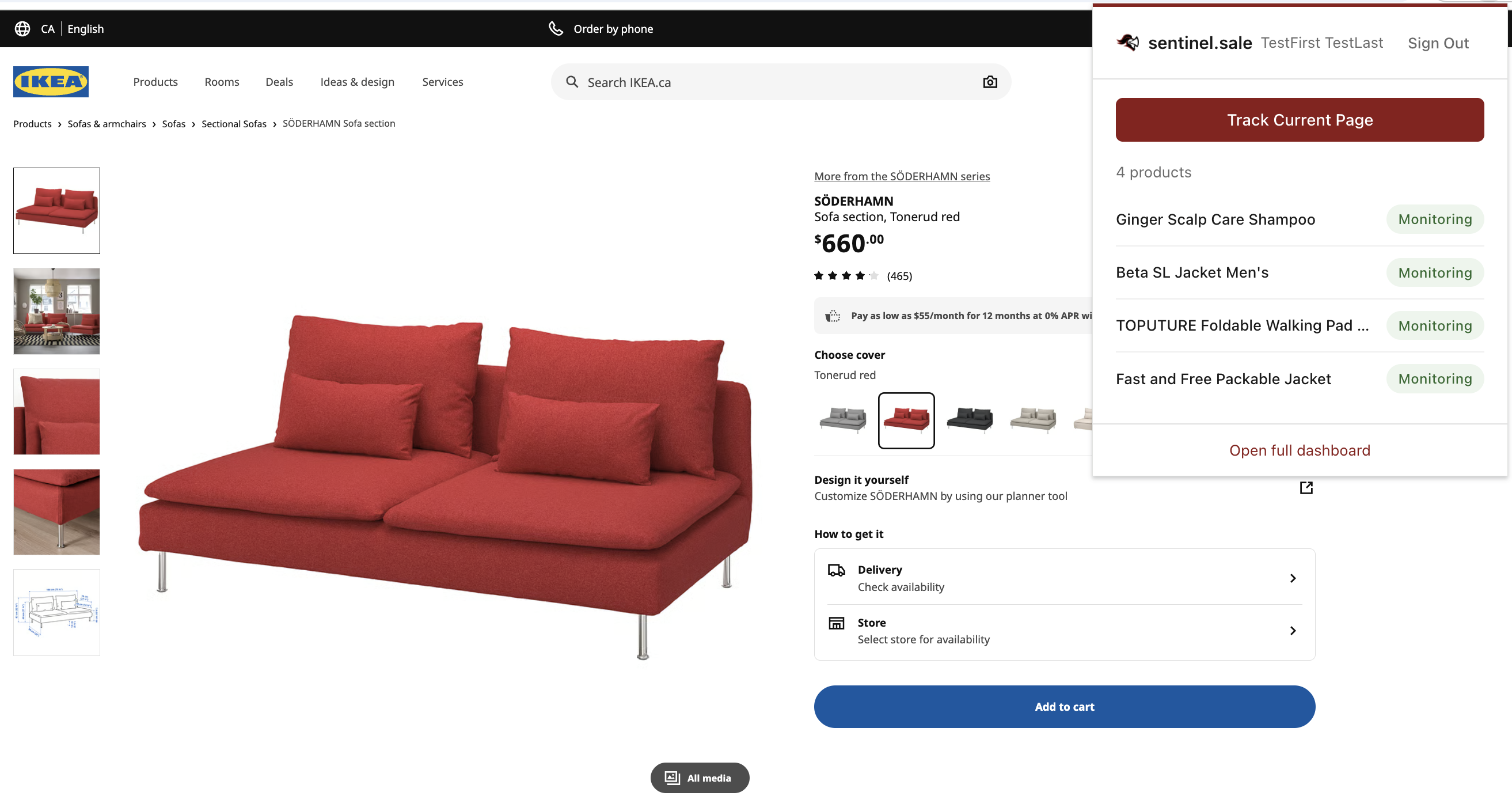 sentinel.sale browser extension popup on a product page