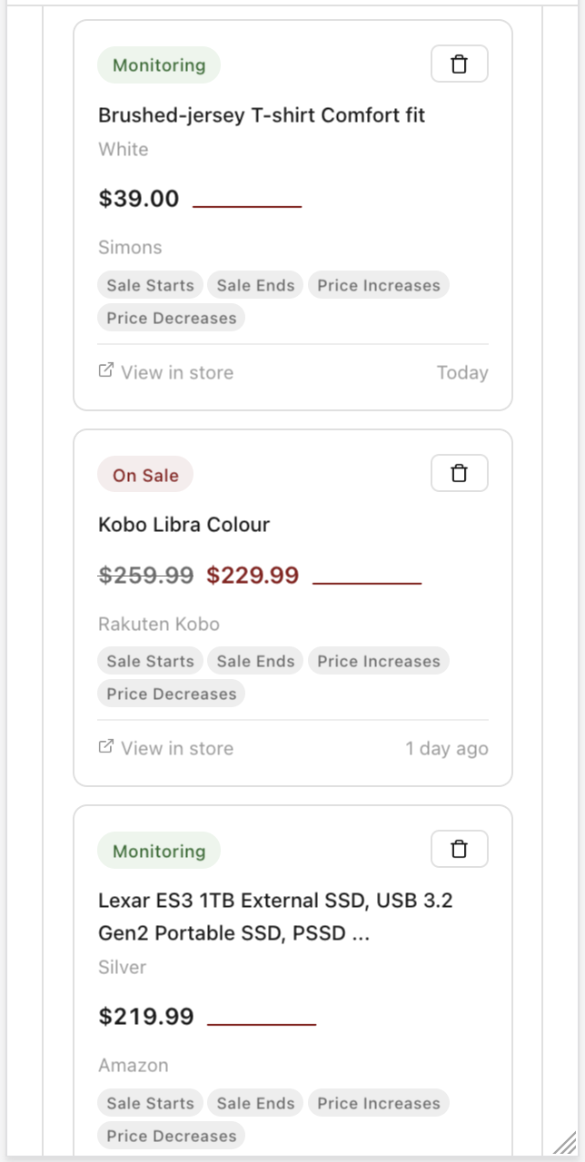 sentinel.sale mobile interface showing tracked products